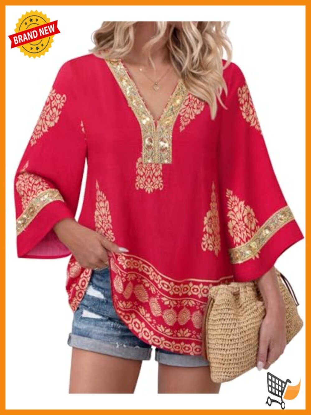 Embroidered V-Neck Boho Tunic Top 3/4 Bell Sleeves
